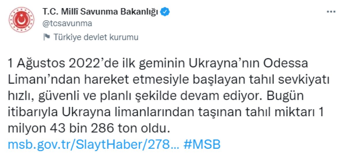 Ukrayna'dan taşınan tahıl miktarı 1 milyon 43 bin 286 ton oldu